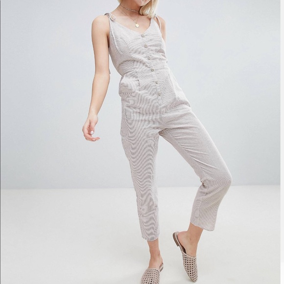 Button Front Tie Shoulder Pinstripe Jumpsuit - Picture 1 of 6